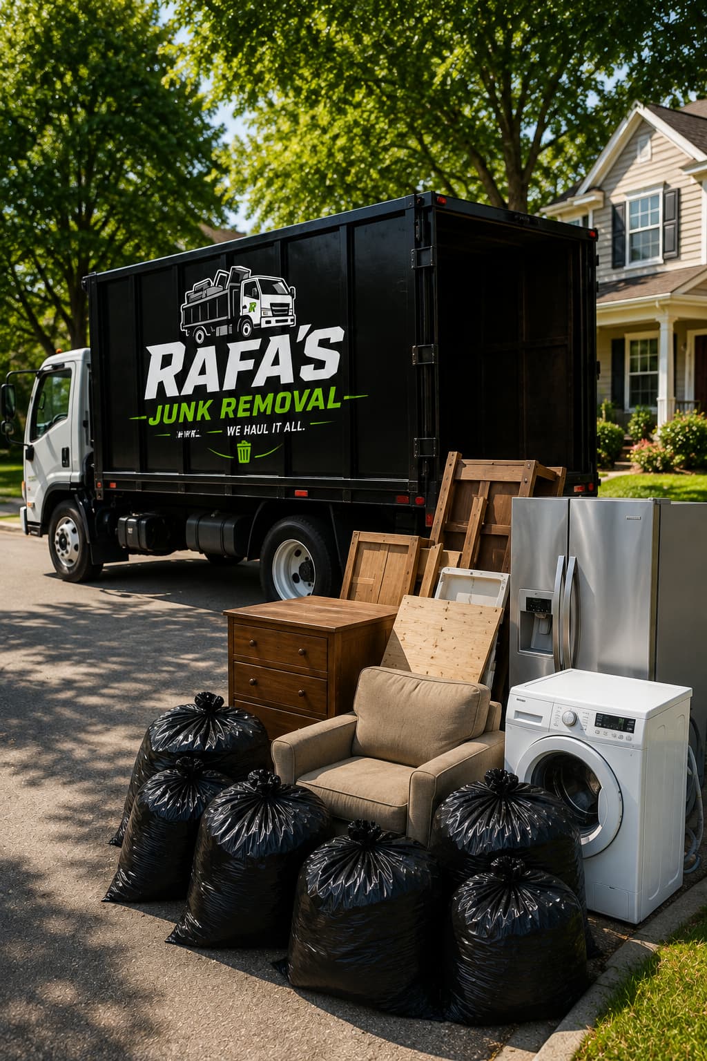 Rafa's Junk Removal truck with furniture and appliances