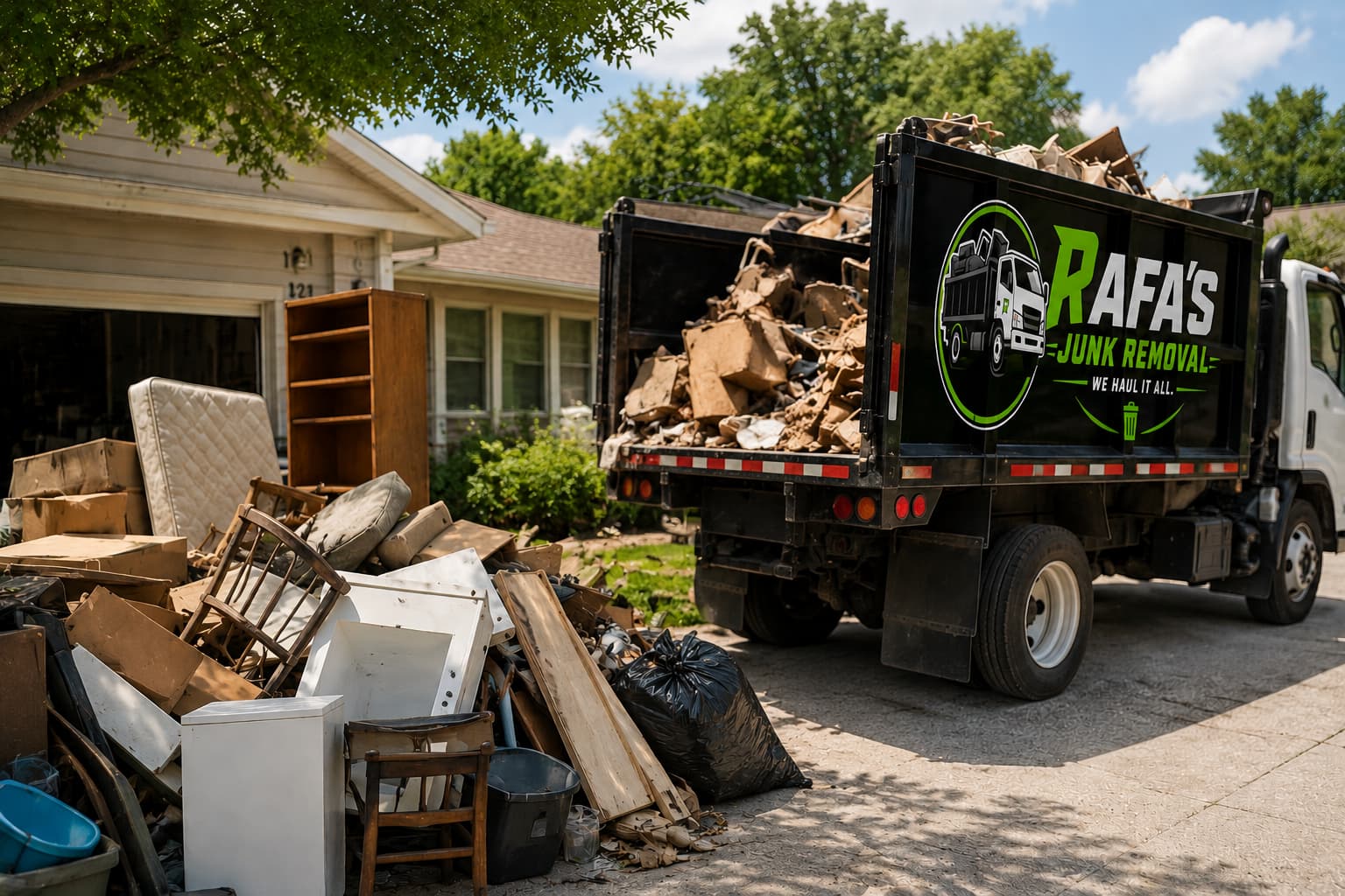 Rafa's Junk Removal truck at a Louisville cleanout